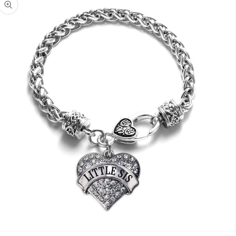 Silver Little Sis Pave Heart Charm Braided Bracelet